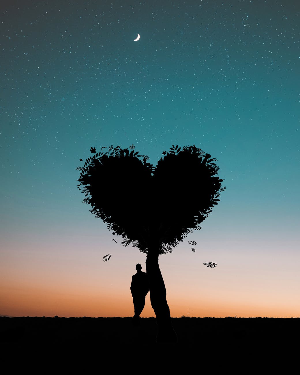 silhouette photo of man leaning on heart shaped tree