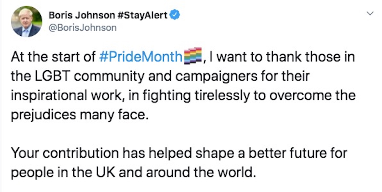 Boris Johnson thanks the LGBT community for “inspirational work”